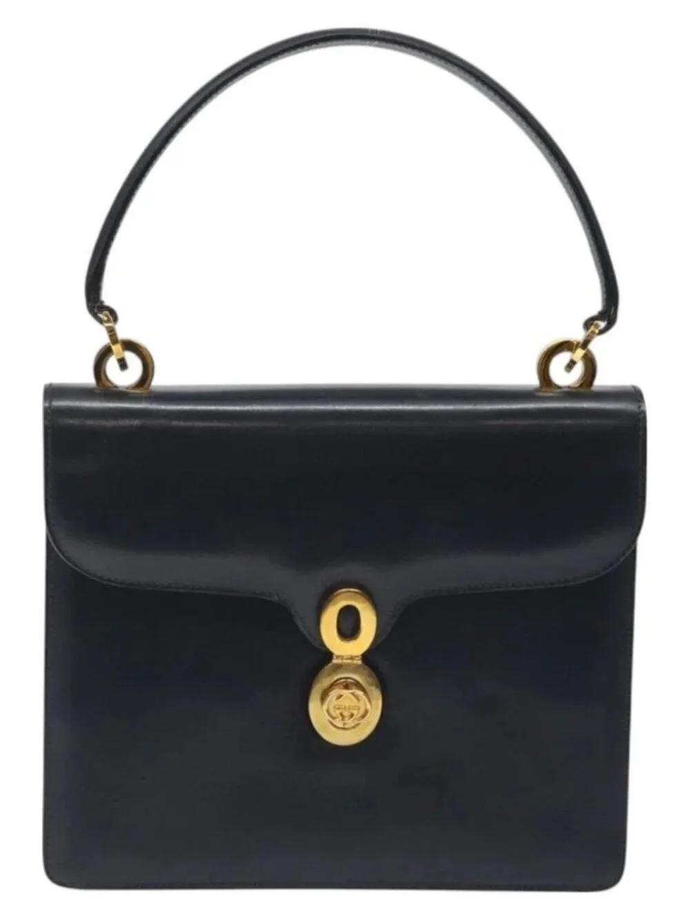 GUCCI Hand Bag Leather Navy Gold Auth - Picture 2 of 16